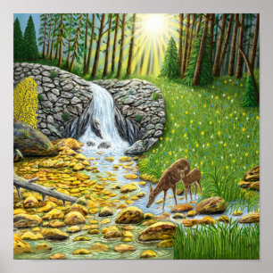 Forest Scene At Dawn Glossy Poster