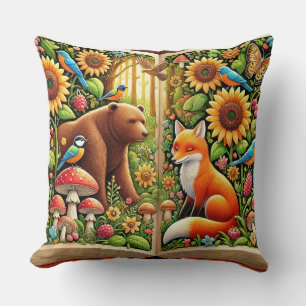 Forest Scene With Bear, Fox, Sunflowers Cushion