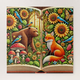 Forest Scene With Bear, Fox, Sunflowers Jigsaw Puzzle