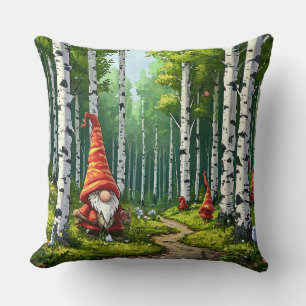 Forest Scene With Gnomes and Birch Trees Cushion