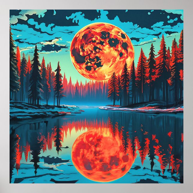 Forest Scene with Surreal Lunar Reflection Poster (Front)