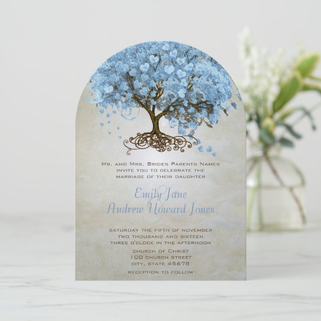 Forest Serenity Blue Heart Leaf Tree Wedding Invitation (Standing Front)