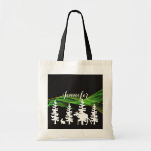 Forest silhouettes in white black northern lights tote bag
