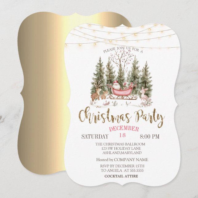 Forest, Sleigh, Lights Gold Christmas Company Invitation (Front/Back)