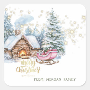 Forest Snow House Sleigh Square Sticker