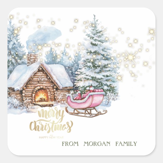 Forest Snow House Sleigh  Square Sticker (Front)