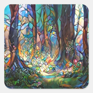 Forest Stained Glass Style Square Sticker