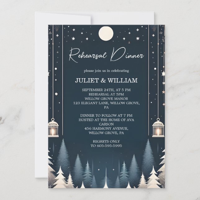 Forest Stars Snow Bright Winter Rehearsal Dinner Invitation (Front)