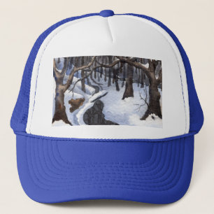 Forest stream and trees in a winter snow storm trucker hat