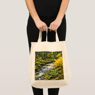 Forest Stream with Yellow Wildflowers Tote Bag