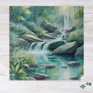 Forest Stream Woodland Waterfalls Watercolor Jigsaw Puzzle