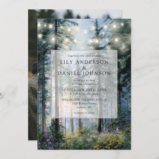 Forest String Lights Floral Rustic Wedding Photo Invitation (Front/Back)