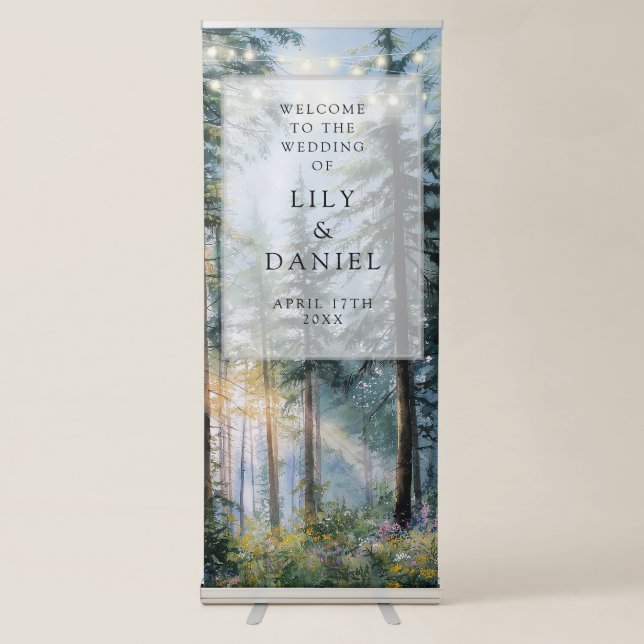 Forest String Lights Floral Wedding Welcome Retractable Banner (Front)