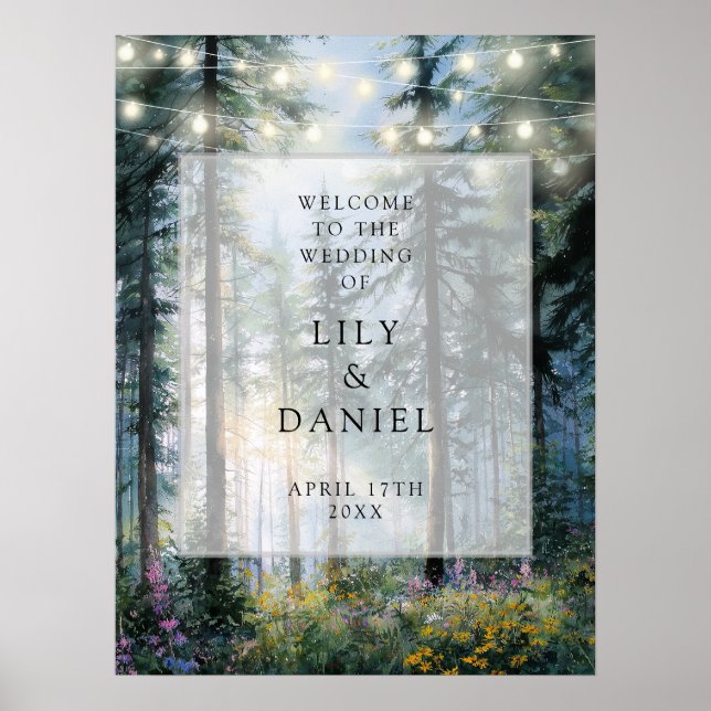 Forest String Lights Floral Wedding Welcome Sign (Front)