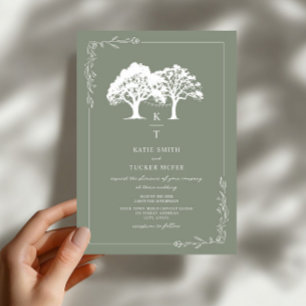 Forest String Lights Monogram Sage Green Wedding Invitation