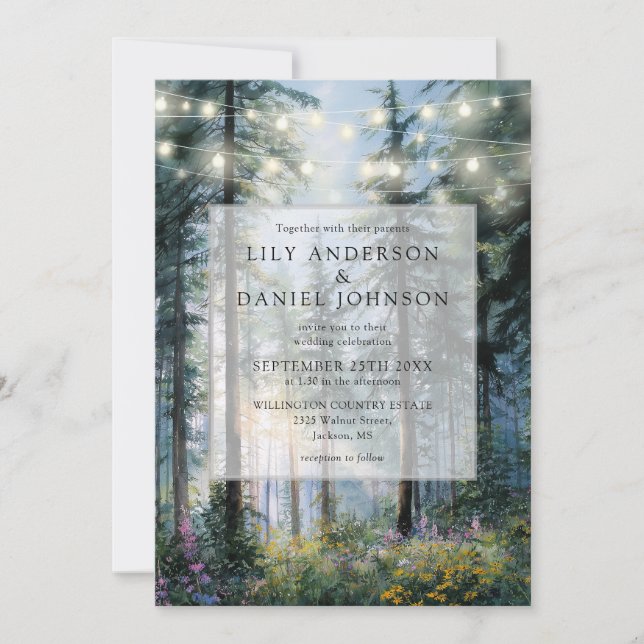 Forest String Lights Wildflower Floral Wedding Invitation (Front)