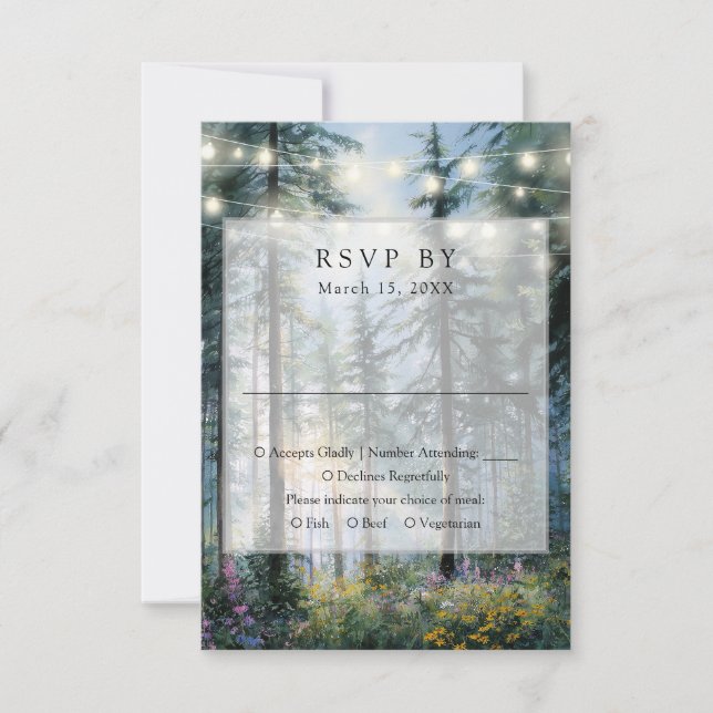 Forest String Lights Wildflowers Floral Wedding RSVP Card (Front)