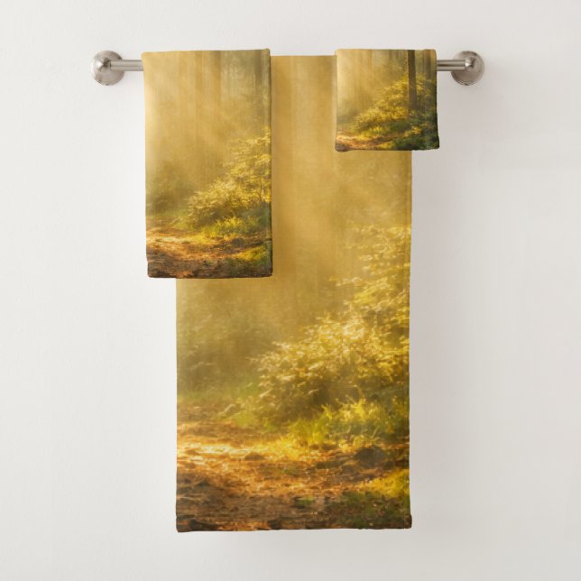 Forest Sunlight – Woodland Bathroom Towel Set (Insitu)
