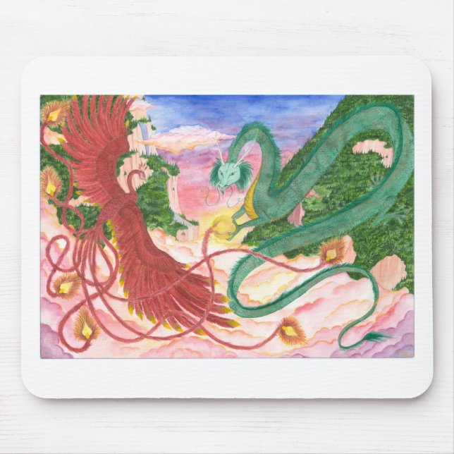 Forest Sunset Dragon and Phoenix Mouse Mat (Front)