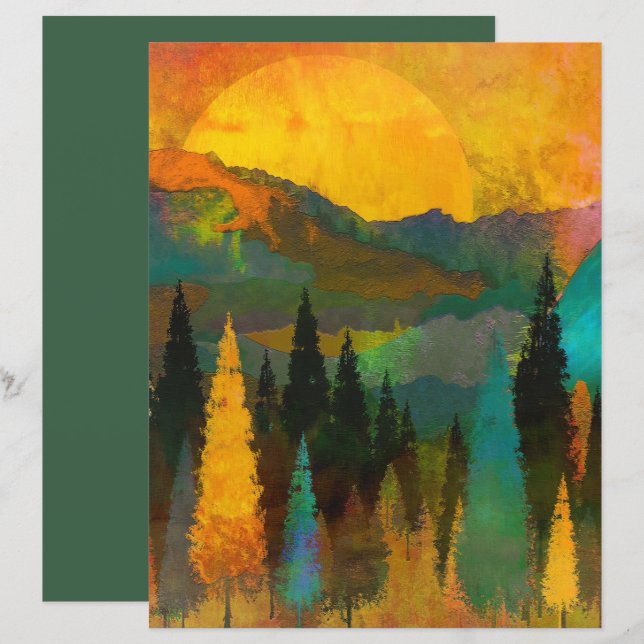 Forest Sunset Watercplor Scrapbook Paper (Front/Back)