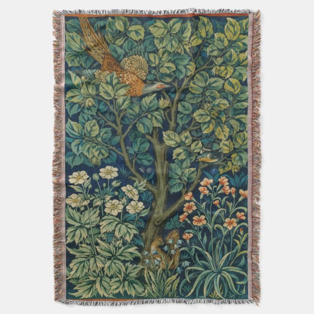 Forest Tapestry, Pheasant, Squirrel, Bird Throw Blanket (Front Vertical)