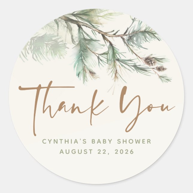 Forest Tree Branches Brown and Green Thank You  Classic Round Sticker (Front)