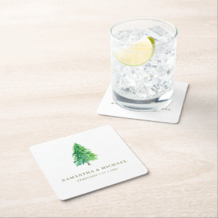 Forest Tree Watercolor Floral Boho Wedding Square Paper Coaster