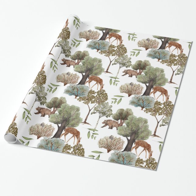 Forest Trees Deer Bears Birds Wrapping Paper (Unrolled)
