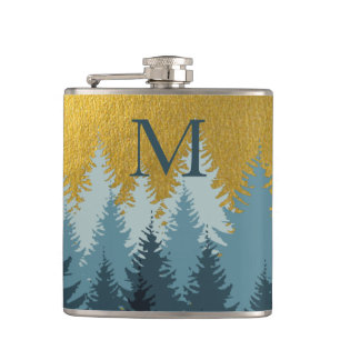 Forest Trees Golden Landscape Baby Monogram  Hip Flask
