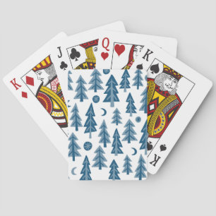 Forest Trees Moon Stars Pattern Blue Playing Cards