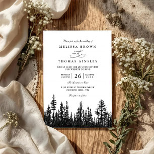 Forest Trees Pine Rustic Wood QR Code Wedding Invitation
