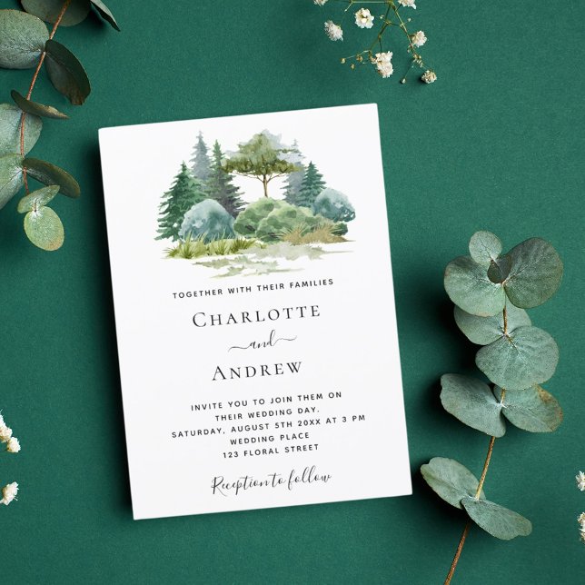 Forest trees woodland green wedding invitation (Creator Uploaded)
