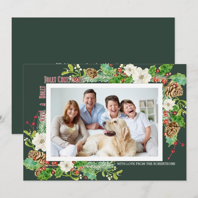 Forest Watercolor Christmas Holly Jolly Floral Invitation (Front/Back)