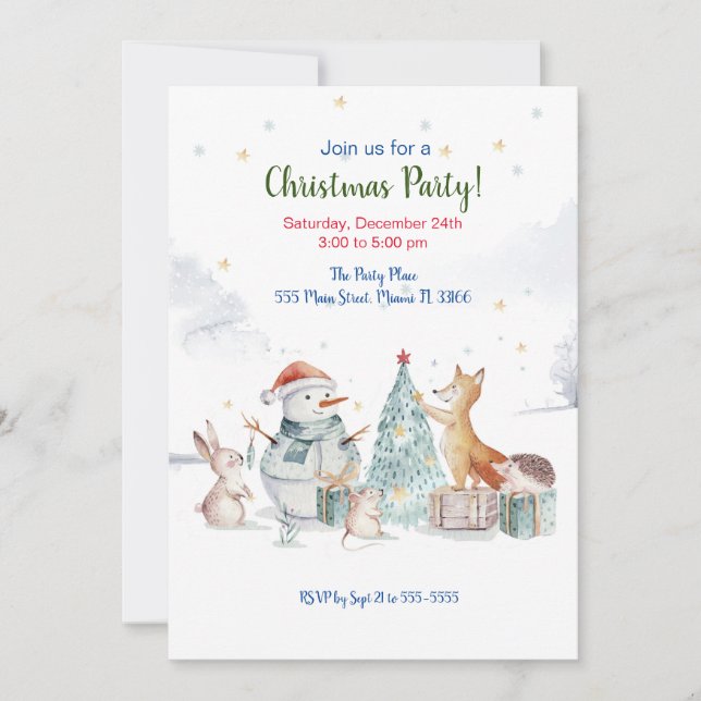 Forest watercolor christmas tree party invitation (Front)