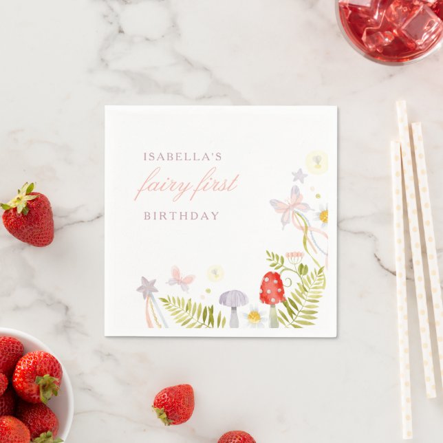 Forest Watercolor Greenery Fairy First Birthday Napkin (Insitu)
