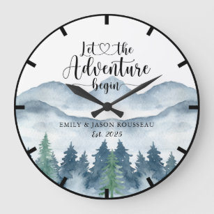 Forest Watercolor Mountains Newlyweds Wedding Large Clock