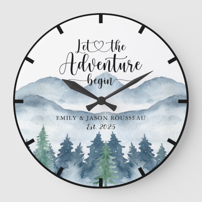 Forest Watercolor Mountains Newlyweds Wedding Large Clock (Front)