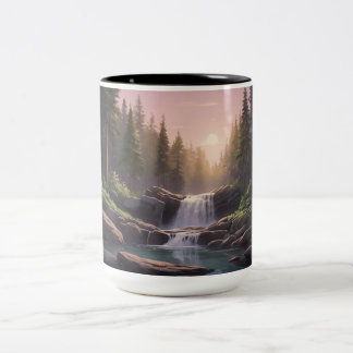 Forest Waterfall, Dusk Sky & Pool | Serene Nature Two-Tone Coffee Mug
