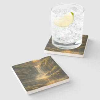 Forest Waterfall Painterly Limestone Stone Coaster