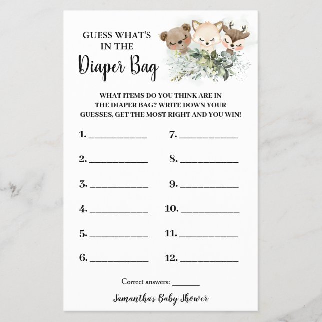 Forest Whats in the Diaper Bag Shower Game card (Front)