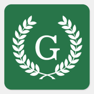 Forest White Wheat Laurel Wreath Initial Monogram Square Sticker