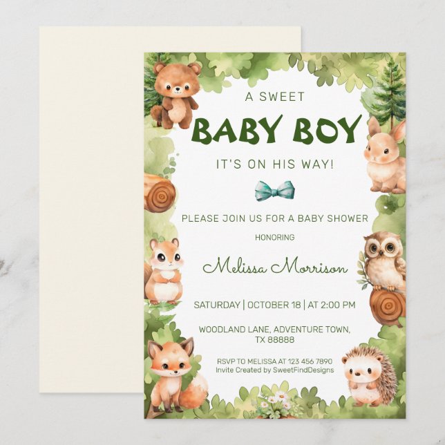 Forest Wild Animals Baby Boy Shower Invitation (Front/Back)