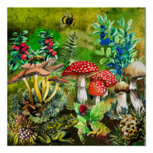 Forest, wild mushrooms poster