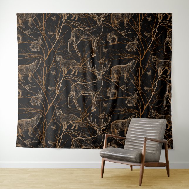 Forest Wildlife Animals Deer Bears Dark Nature Tapestry (In Situ (Horizontal))