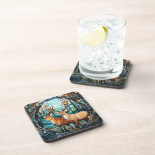 Forest Wildlife Double Buck Deer Stained Glass Coaster