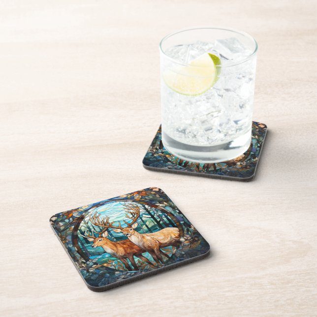Forest Wildlife Double Buck Deer Stained Glass Coaster (Right Side)