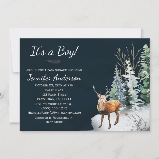 Forest Winter Woodland Deer Boy Baby Shower Invitation (Front)