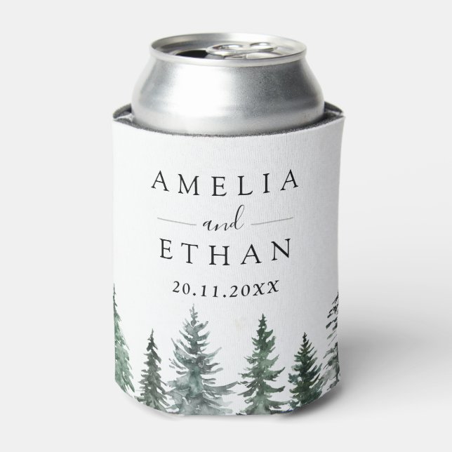 Forest Wintre Watercolor Wedding Can Cooler (Can Front)
