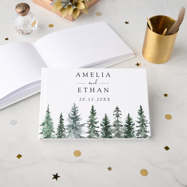 Forest Wintre Watercolor Wedding Guest Book (Front Open)