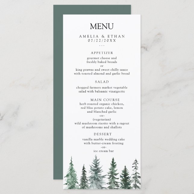 Forest Wintre Watercolor Wedding Menu (Front/Back)